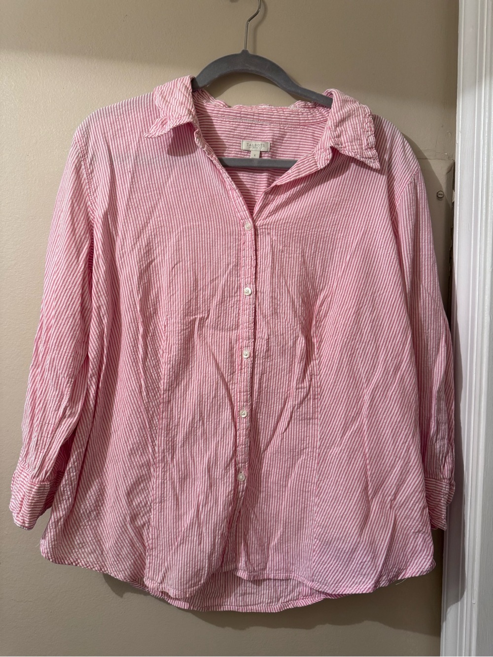 Pink Striped Button-Down Shirt- 3/4 sleeves